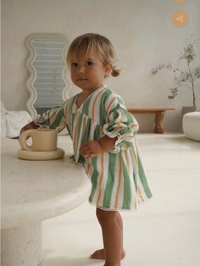 NONI Striped Baby Dress in Green, Mustard & White Linen Blend! Size 1 year